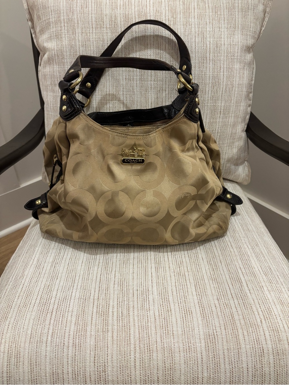 Coach Tan Signature Canvas Shoulder Bag with Dark Brown Trim